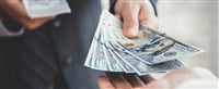 Businessman giving or paying money, US dollar bills - web banner — Photo