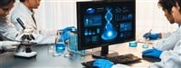 Dedicated scientist group working on advance biotechnology computer software to study or analyze DNA data after making scientific breakthrough from chemical experiment on medical laboratory. Neoteric