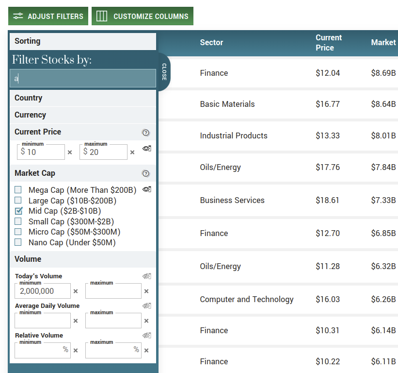 Select filter parameters: how to use MarketBeat's stock screener