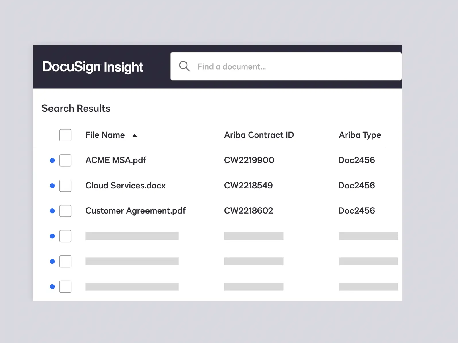 Capture d’écran du connecteur DocuSign Insight pour SAP Ariba montrant la recherche et les en-têtes de colonne.