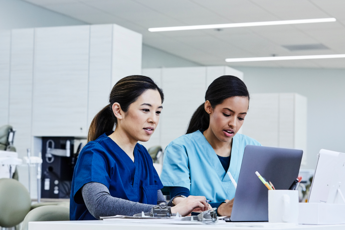 Two nurses sit in front of their computers typing notes