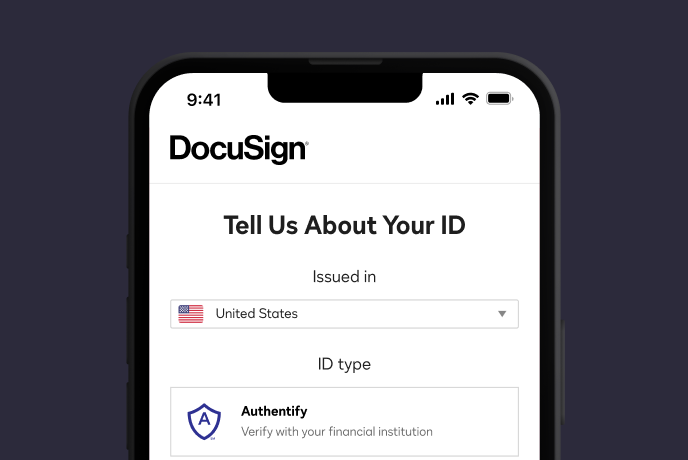 DocuSign Identify screenshot requesting details on the type of ID a user is using to prove their identity.