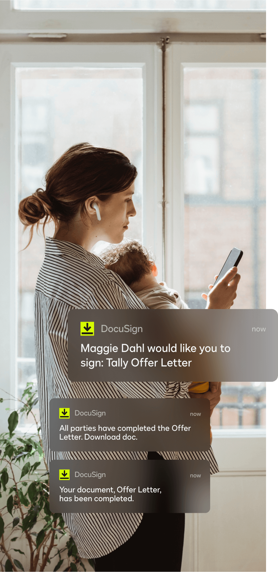 Phone notifications from DocuSign showing that an employer would like the user to sign the offer letter, the offer letter has been completed by all parties, and the document is available to download.
