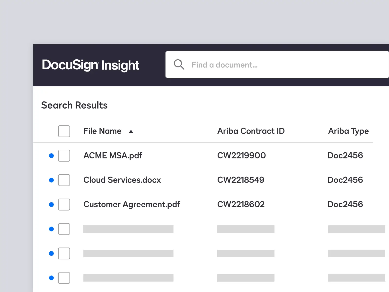 DocuSign Insight connector for SAP Ariba screenshot showing search and column headers.