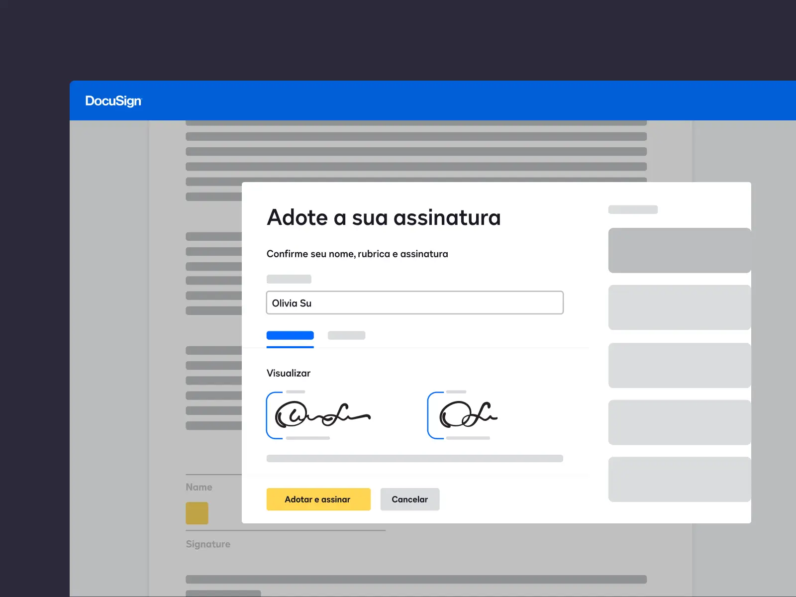 Documento no DocuSign com um alerta para o usuário confirmar sua assinatura eletrônica.