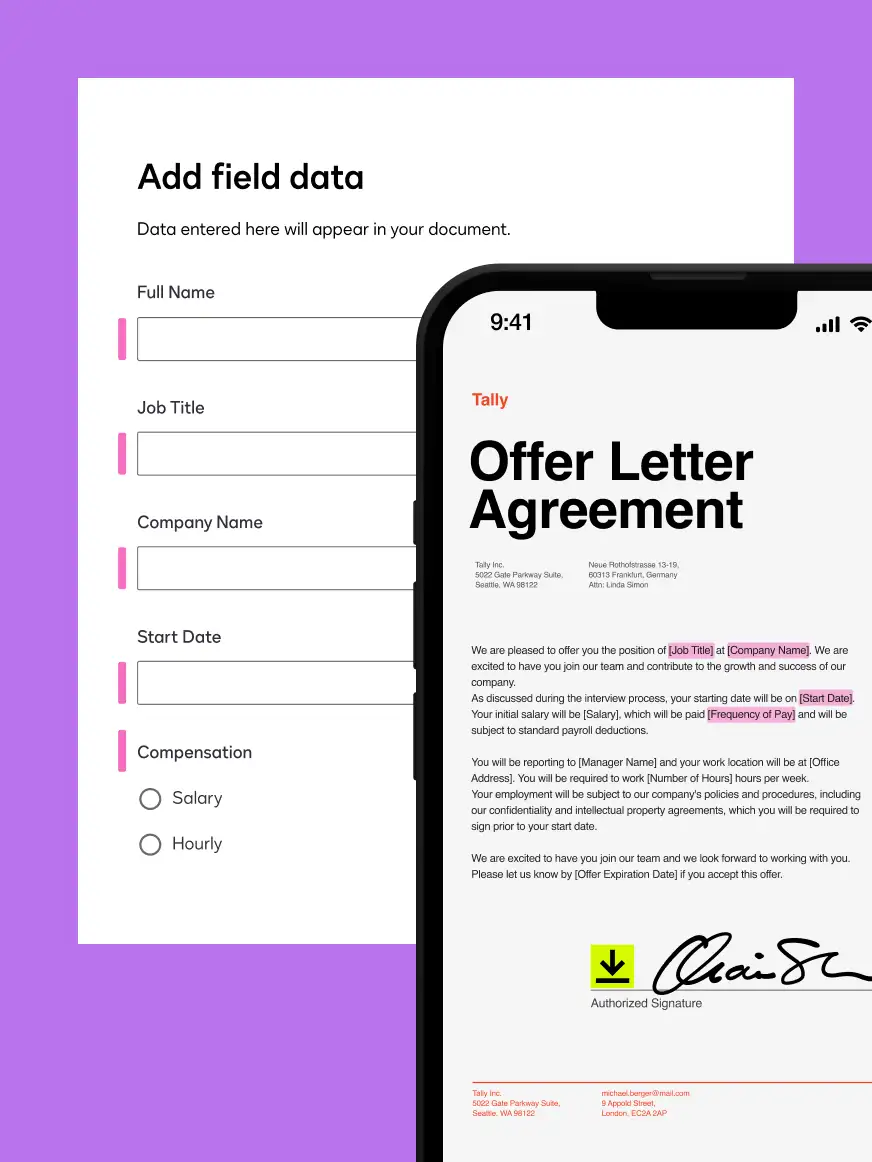 Form with required fields behind a phone with an Offer Letter Agreement on the screen