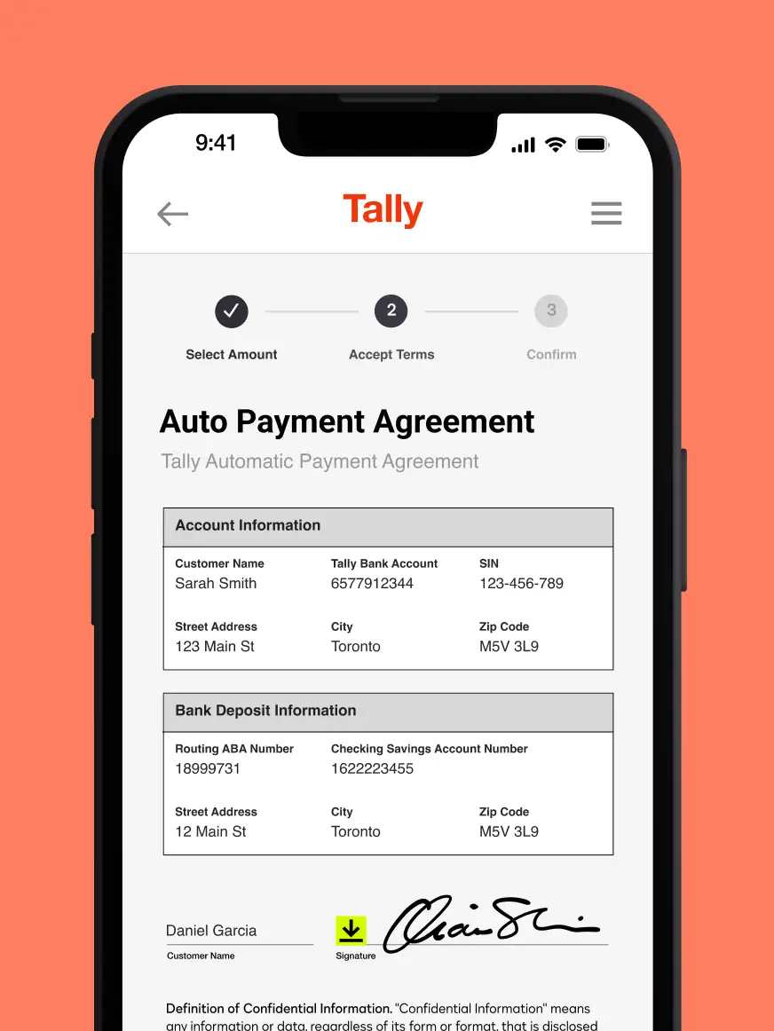 Phone screen with Auto Payment Agreement
