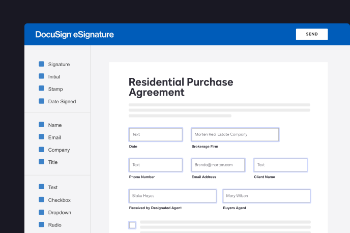 the DocuSign eSignature interface showing how to add or remove fields.